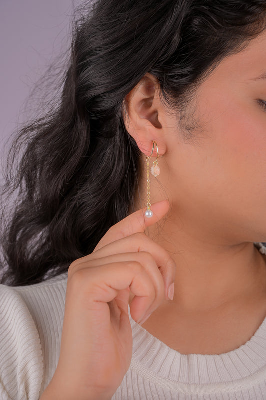 Blush Rose Drop Earrings with Pearl Chain