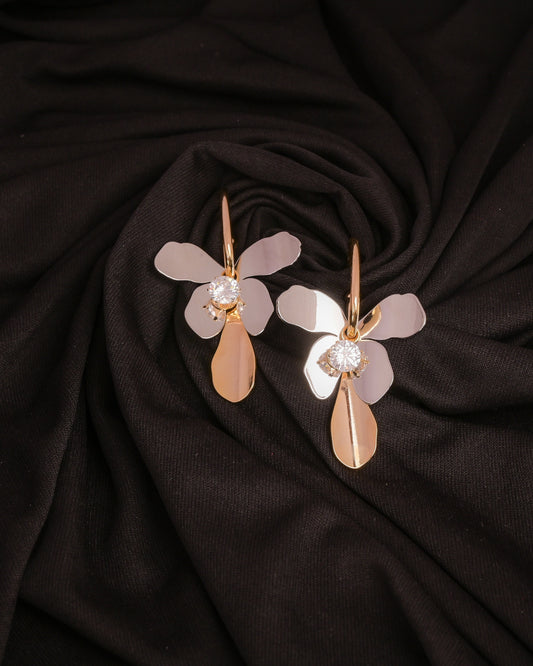 Pair of earrings on a black fabric background